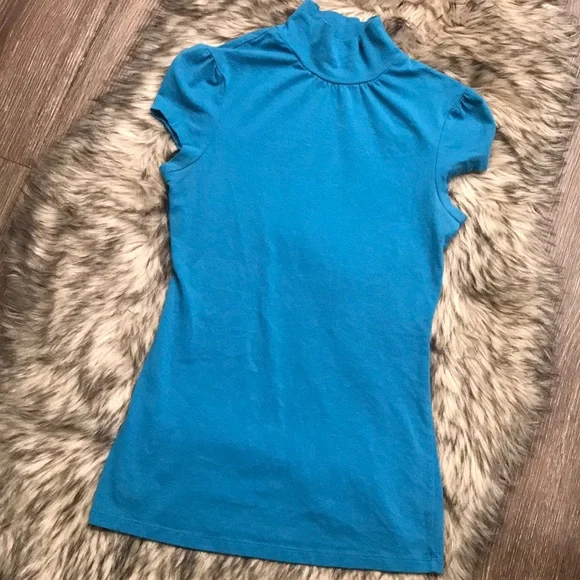 Express High Neck Top Turtle Neck Short Sleeve Blue Size Small - Picture 1 of 4